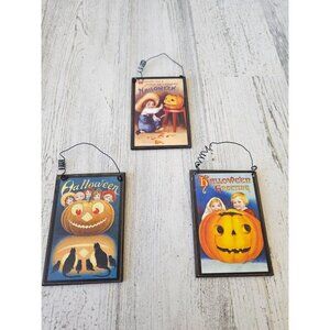 Wooden pumpkin Halloween postcard ornament shabby chic children unique tree cat
